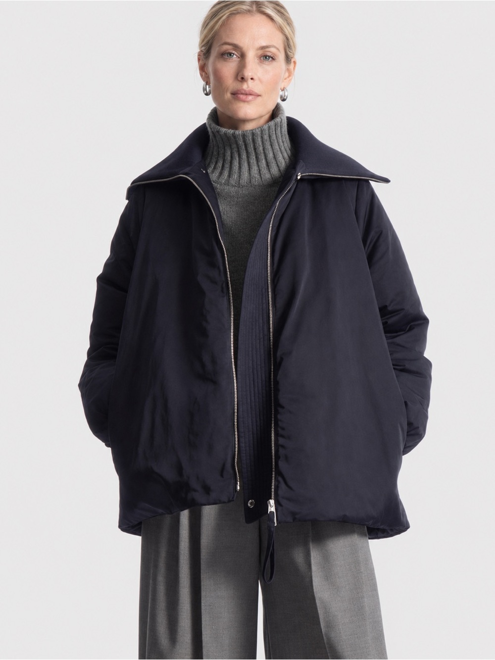 COS Navy Down Puffer Jacket Oversized Zip Ribbed High Collar Size M Scandinavian